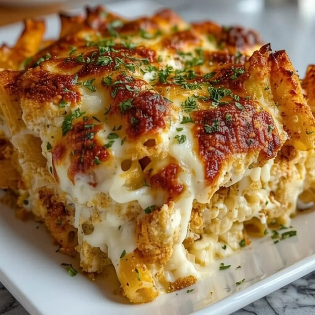 An angled profile shot of a chicken parmesan pasta casserole slice showing layers of rigatoni, white cream cheese filling, and broiled mozzarella.