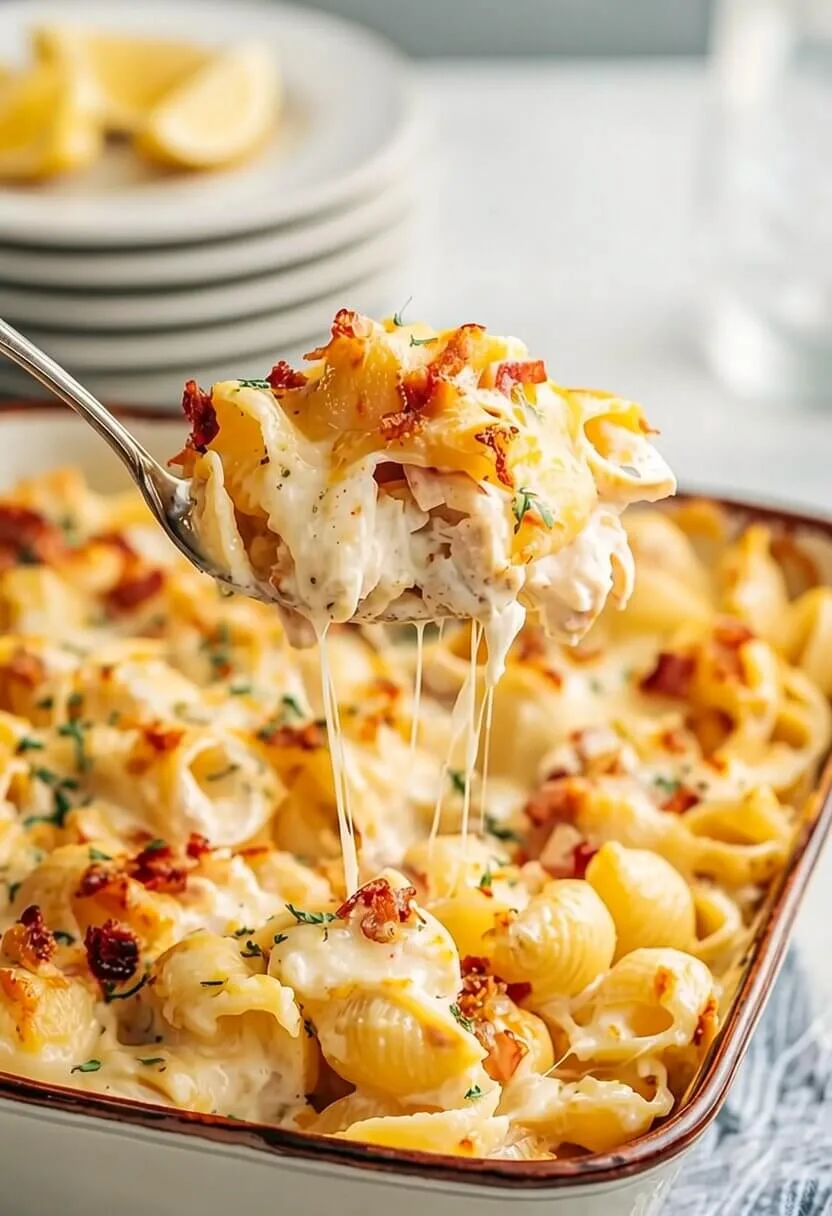 An eye level close up shot of a creamy stuffed shells casserole recipe being scooped up with a spoon, highlighting a long melted cheese pull.