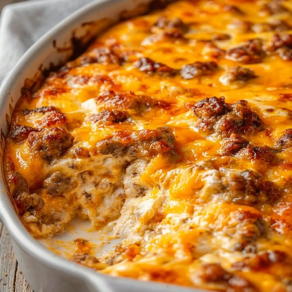 A large white baking dish filled with an oven-baked sausage cream cheese dip, showing a scoop removed from the corner to reveal the creamy interior.