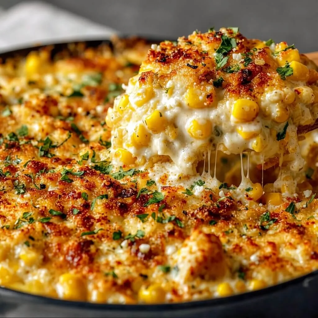 A wooden spoon lifting a generous scoop of easy cheesy baked corn casserole with a melted mozzarella cheese pull from a skillet.