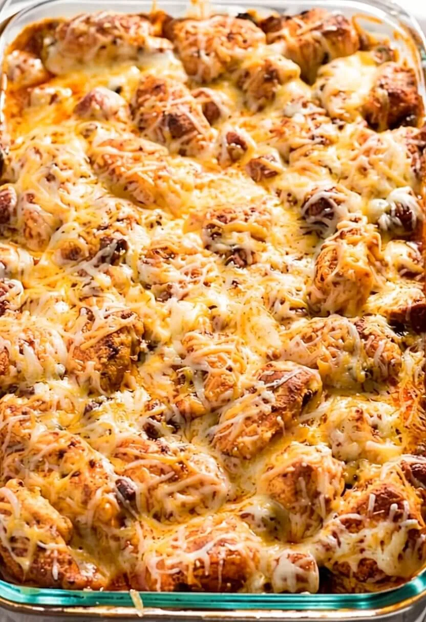 A wooden spoon scooping a portion of a cheesy biscuit pull apart bake with savory meat sauce and melted mozzarella cheese from a glass dish.