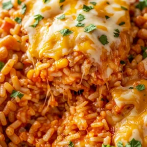 Close up shot of a cheesy Mexican chicken rice bake cross section showcasing grains of rice, corn, and a stretchy cheese pull.