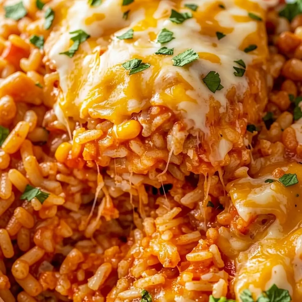 Close up shot of a cheesy Mexican chicken rice bake cross section showcasing grains of rice, corn, and a stretchy cheese pull.