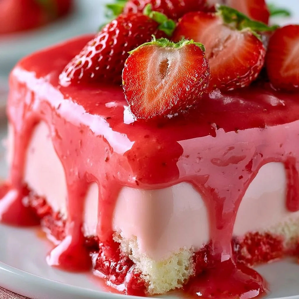 Delicious Strawberry Glazed Cake topped with fresh strawberries and glaze