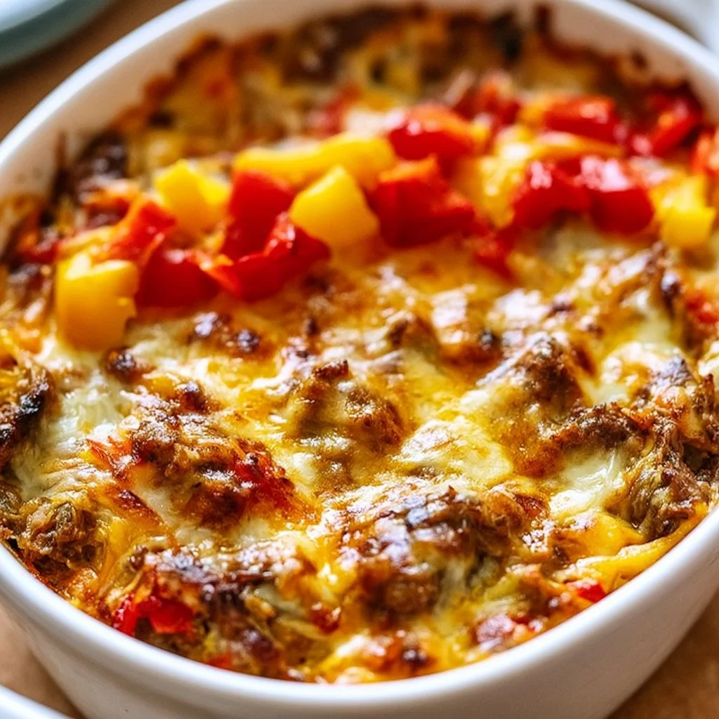 Delicious stuffed bell pepper casserole garnished with herbs in a baking dish.