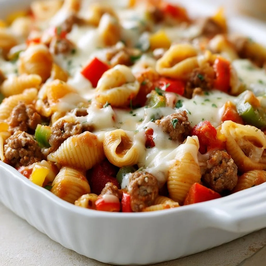 Delicious stuffed pepper pasta served in a bowl with fresh herbs and cheese