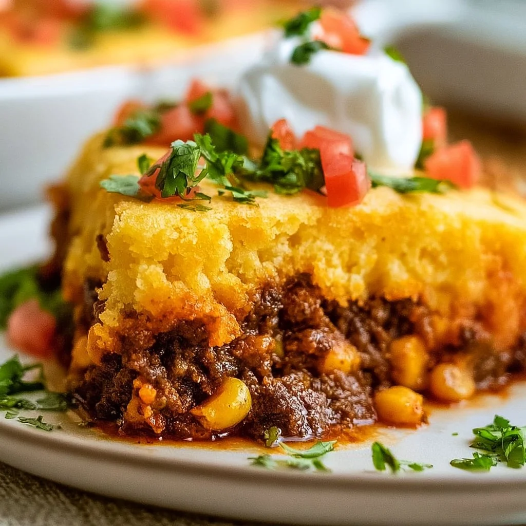 Delicious Tamale Pie casserole served in a baking dish with toppings.