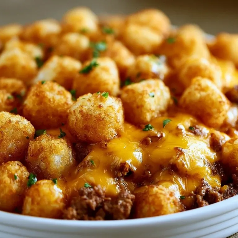 Delicious tater tot casserole served in a baking dish