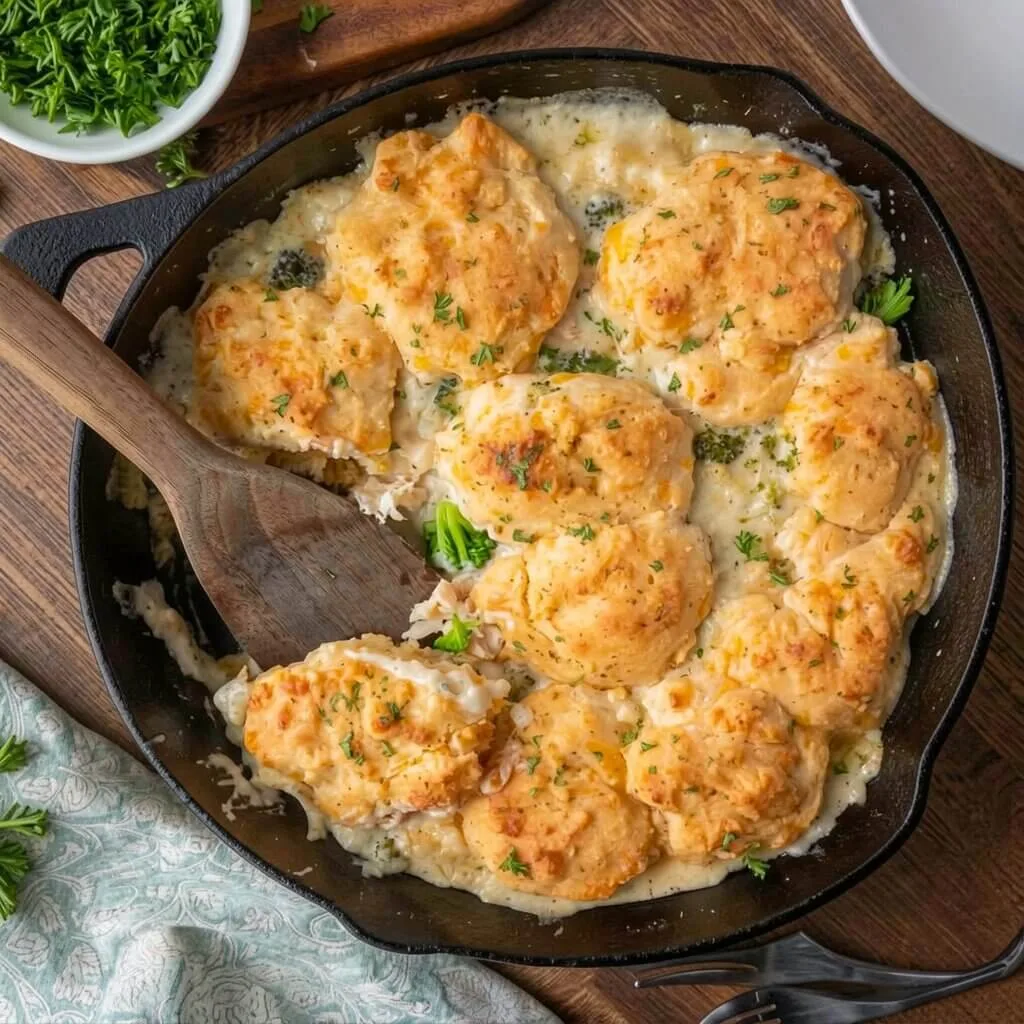 Top down view of a cast iron skillet chicken pot pie casserole with an arrangement of baked cheddar biscuits and fresh parsley.