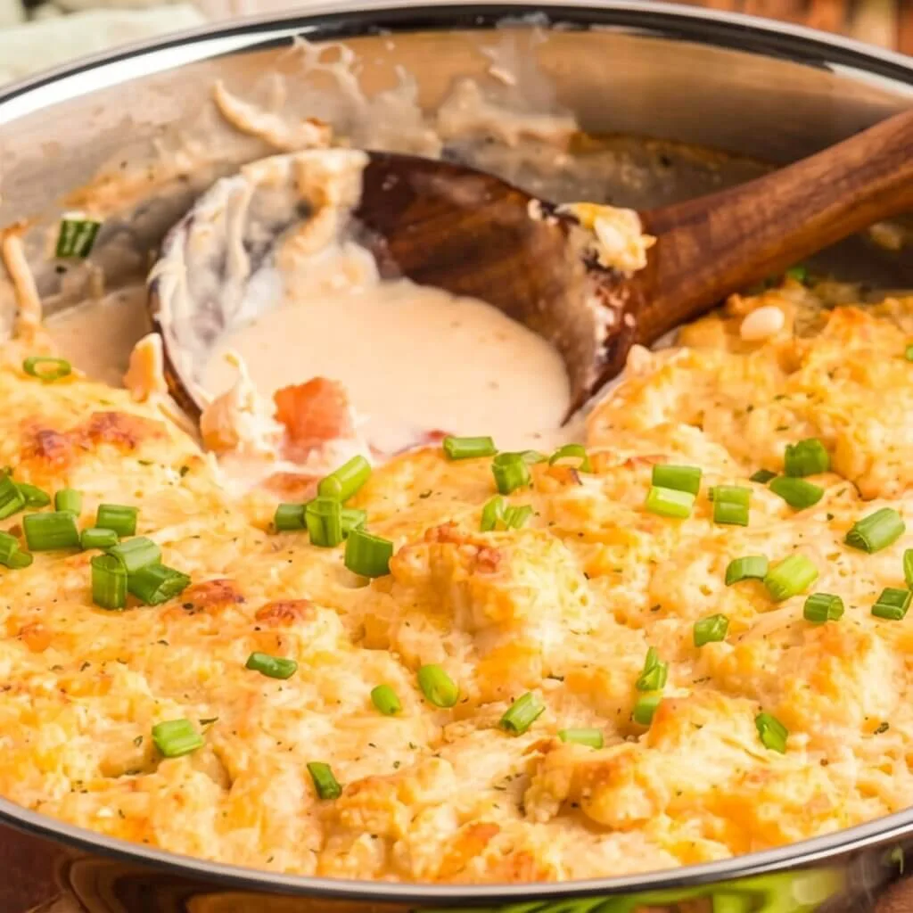Overhead view of a stainless steel skillet filled with a quick chicken vegetable casserole shortcut topped with golden biscuits and chopped scallions.