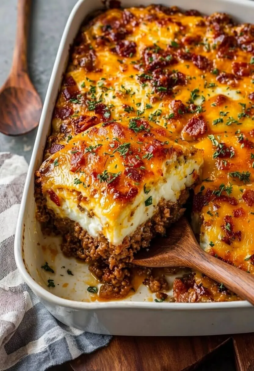A wooden spatula lifting a large square slice of the best loaded mashed potato beef casserole out of a white baking dish.