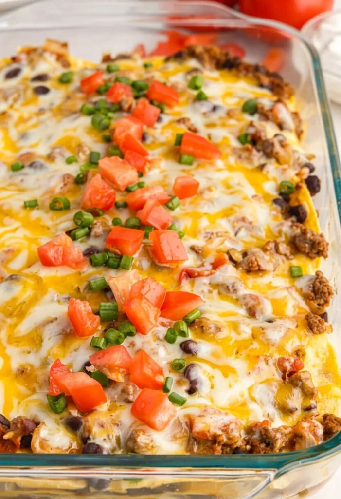 An angled close up shot of a quick weeknight ground beef enchilada bake inside a glass dish, highlighting the melted cheese and tomato topping.