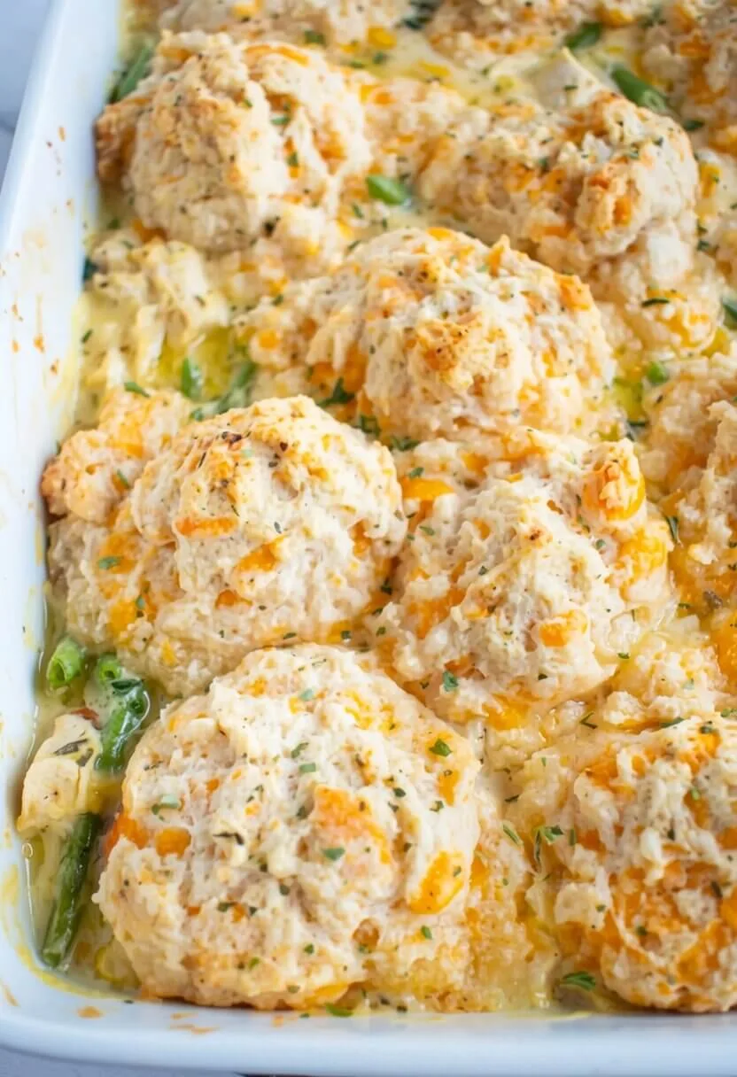 An angled food photography shot of a quick chicken vegetable casserole showing the texture of golden cheddar biscuits.