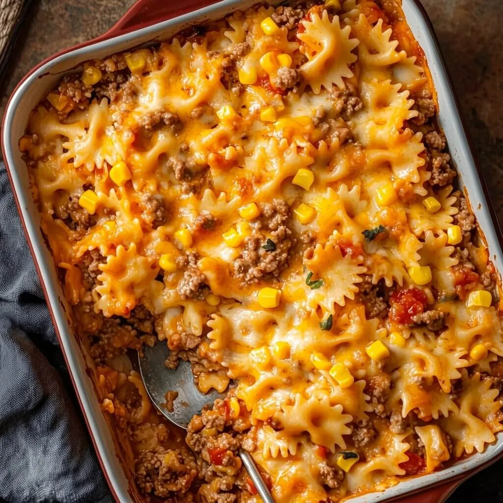 Overhead top down view of a rectangular red baking dish filled with a quick weeknight dinner pasta bake with a large metal spoon.