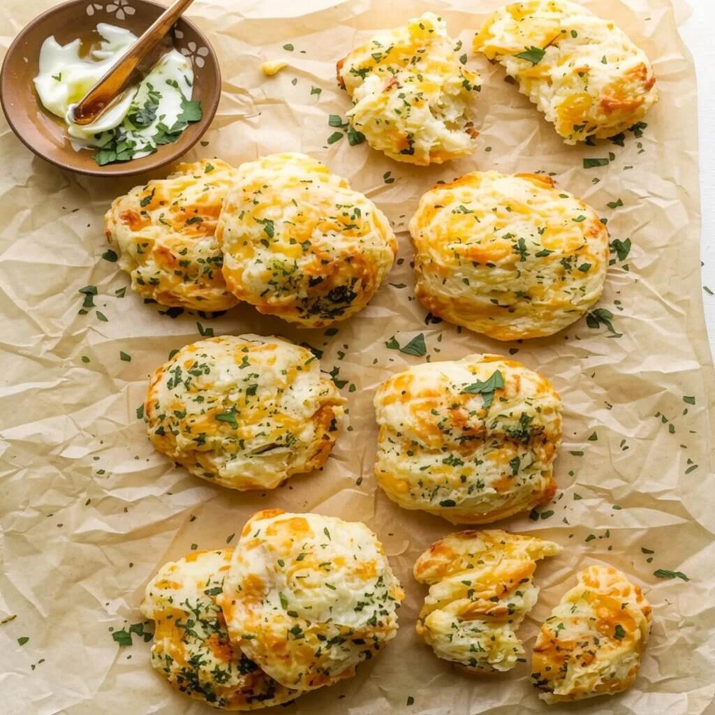 Overhead top down view of multiple quick cheesy buttermilk biscuits on parchment paper next to a small bowl of garlic herb butter.
