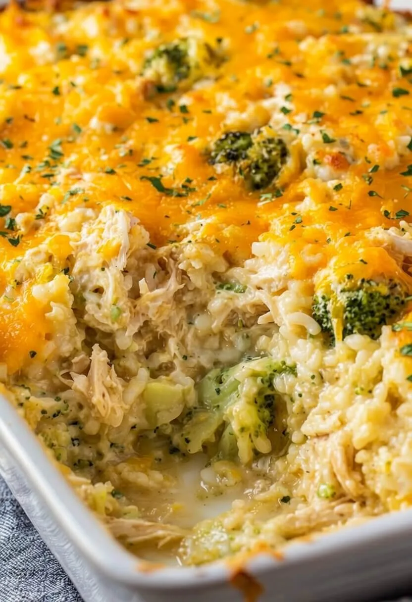 A white baking dish filled with a quick weeknight chicken rice casserole, showing a portion scooped out to reveal the creamy interior layers.
