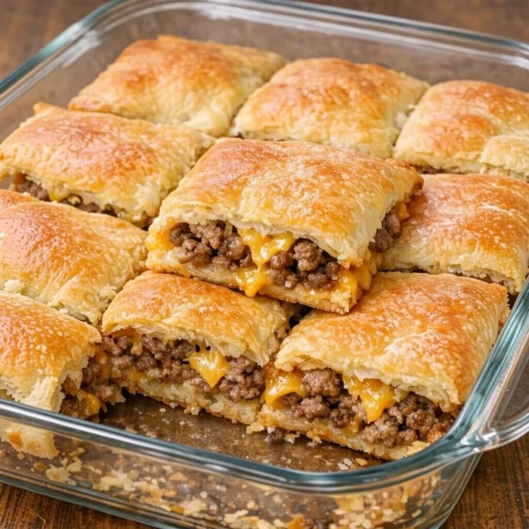 An angled close up shot of a quick crescent roll meat pie inside a glass dish, showing square portions with a golden flaky crust.
