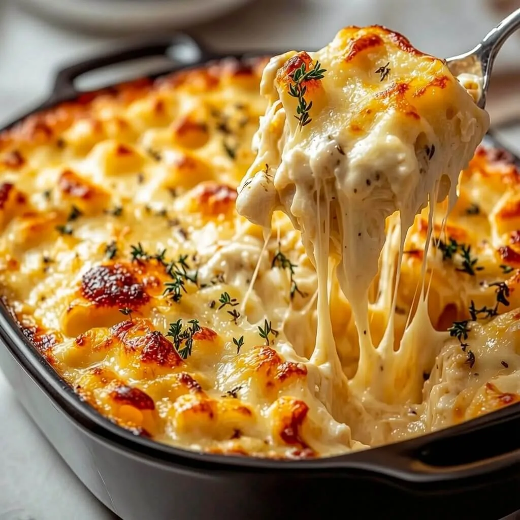 Side profile shot of a best white sauce pasta bake showing a massive melted mozzarella cheese stretch coming out of a black pan.