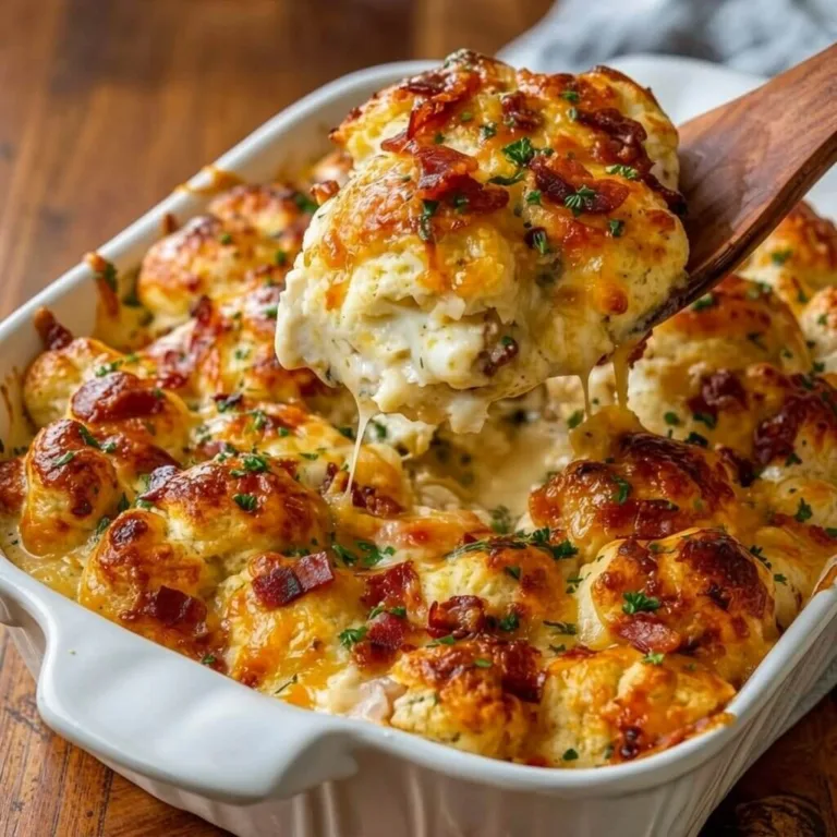 A wooden spatula scooping a generous portion of chicken bacon ranch biscuit casserole from a white dish, showing a melted cheese pull.