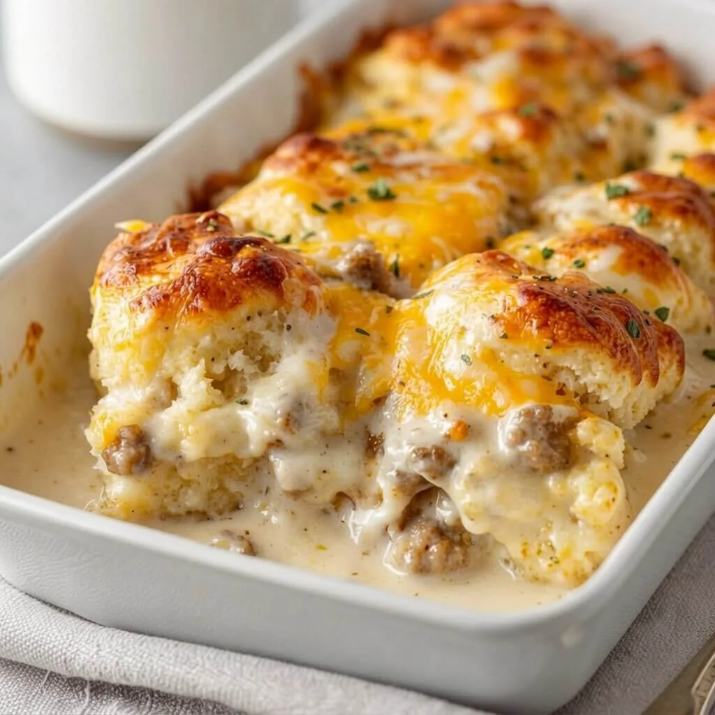 An angled close up shot of a southern style biscuit breakfast hotdish in a white pan, showing bubbly country gravy and crispy biscuit peaks.