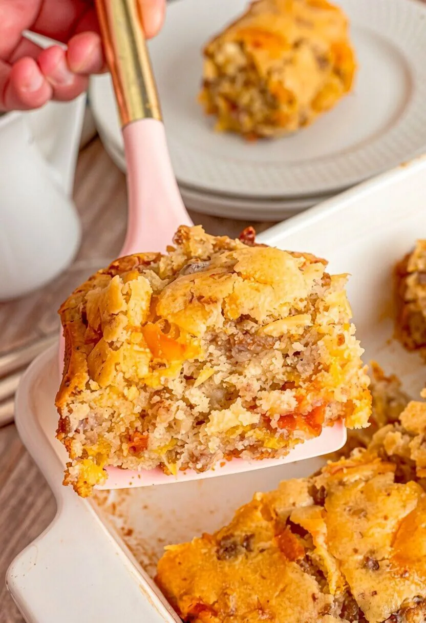 A pink spatula lifting a thick square portion of a make ahead maple sausage breakfast bake from a white ceramic dish.