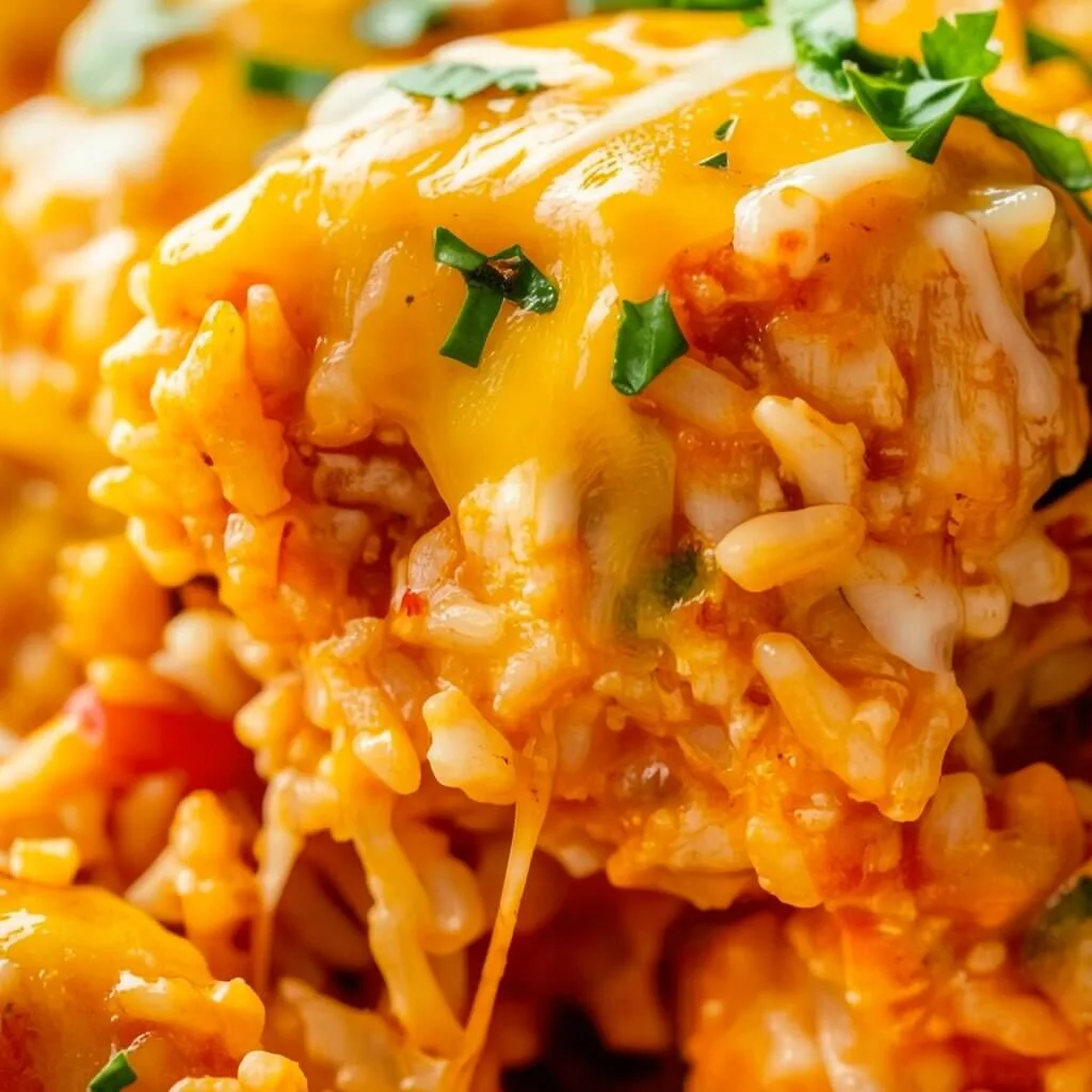 An extreme close up of a scoop of dump and bake southwestern chicken rice showing melted cheese pulling apart.