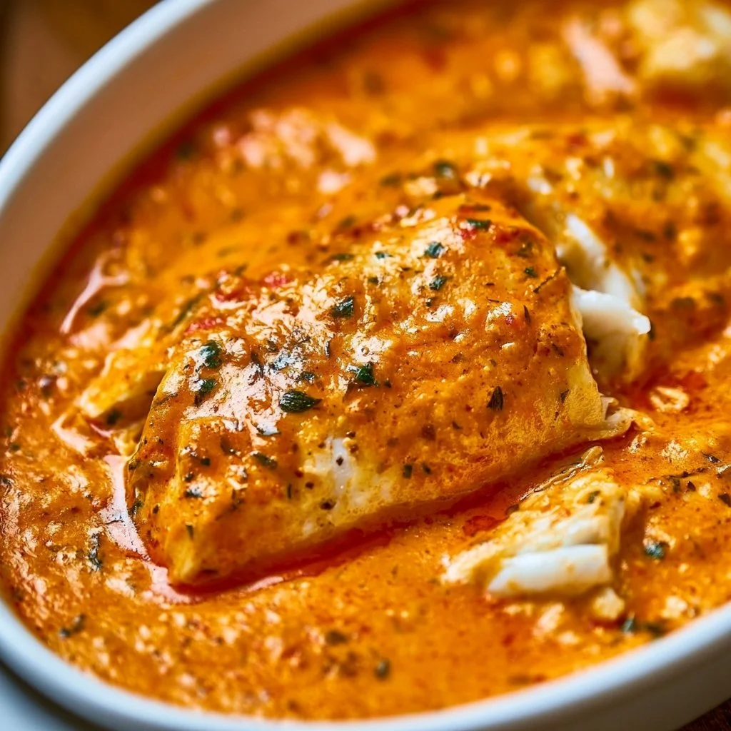 Tilapia fillet topped with roasted pepper sauce on a plate