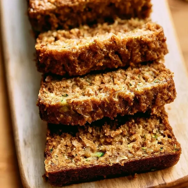 Homemade zucchini bread sliced on a wooden cutting board