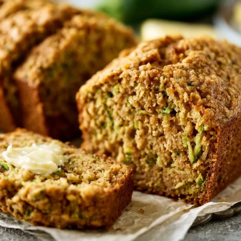 Freshly baked zucchini bread on a wooden plate with a slice cut out