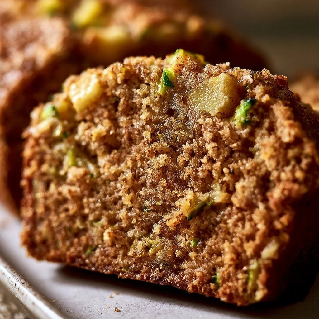 Loaf of zucchini bread with apple and cinnamon on a wooden cutting board
