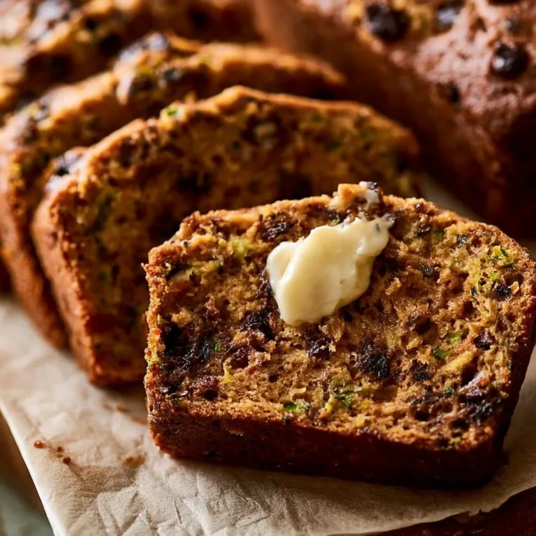 Delicious zucchini bread with peanut butter and chocolate chips on a wooden table