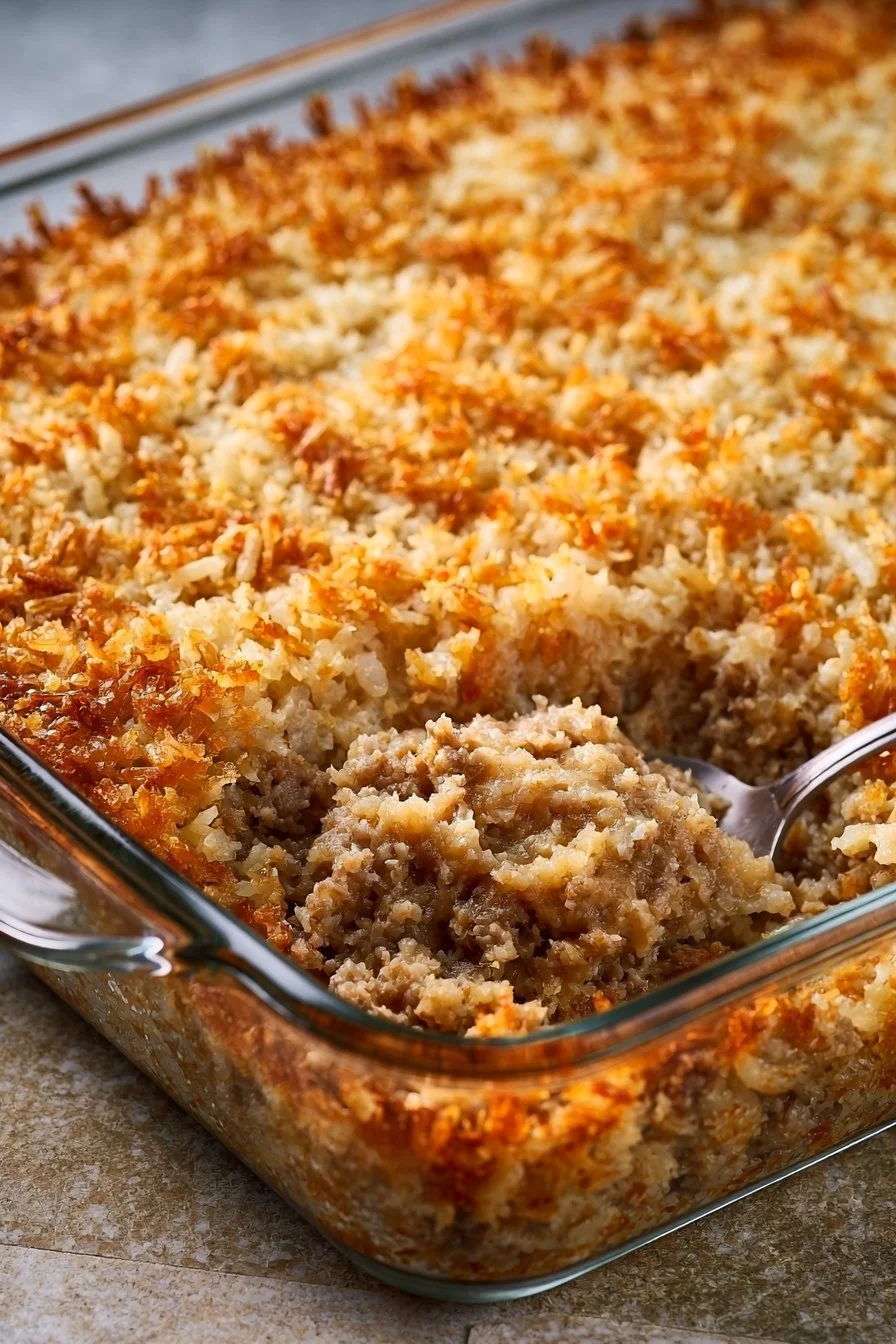 Amish Beef Hashbrown Casserole topped with crispy hashbrowns and savory beef