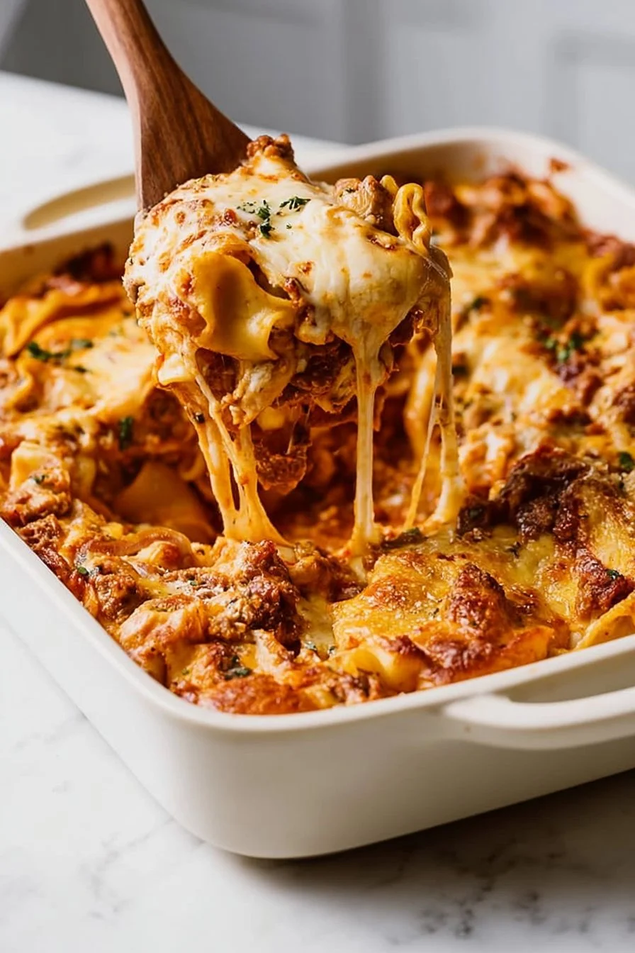 Delicious baked tortellini dish topped with melted cheese and herbs