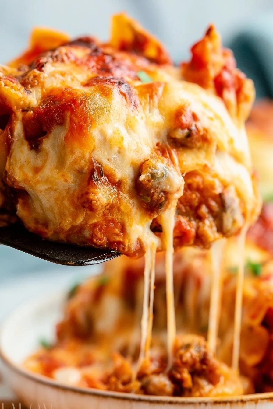 Delicious baked ziti served in a dish with melted cheese and marinara sauce.