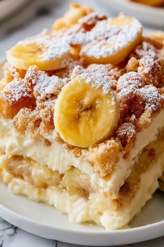 Delicious Banana Cobbler with Cream Cheese served in a dish