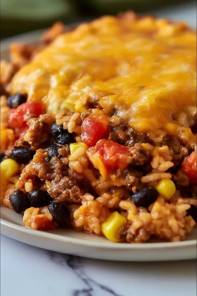 Beef enchilada casserole topped with melted cheese and fresh ingredients
