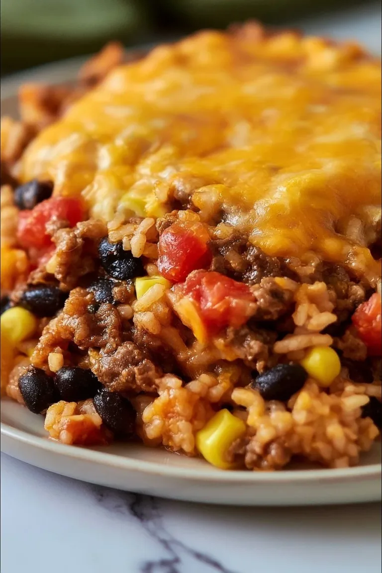 Beef enchilada casserole topped with melted cheese and fresh ingredients