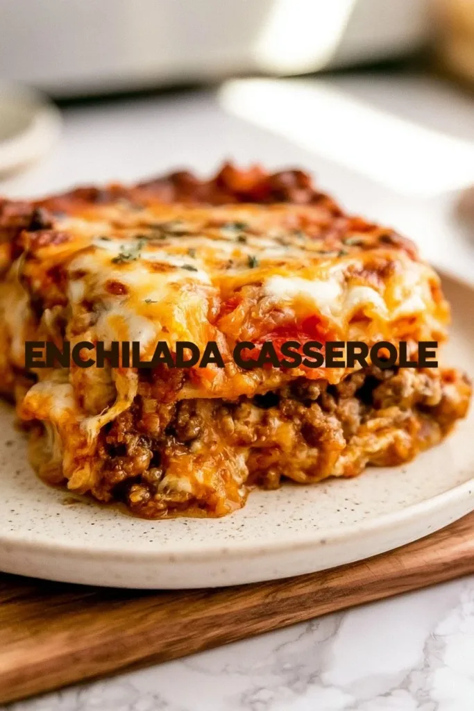 Delicious beef enchilada casserole served with toppings.
