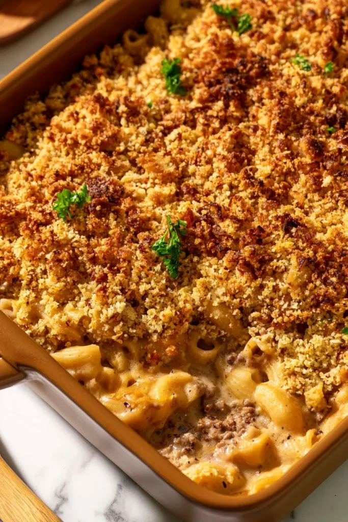 Homemade Beef Stroganoff Casserole served in a baking dish