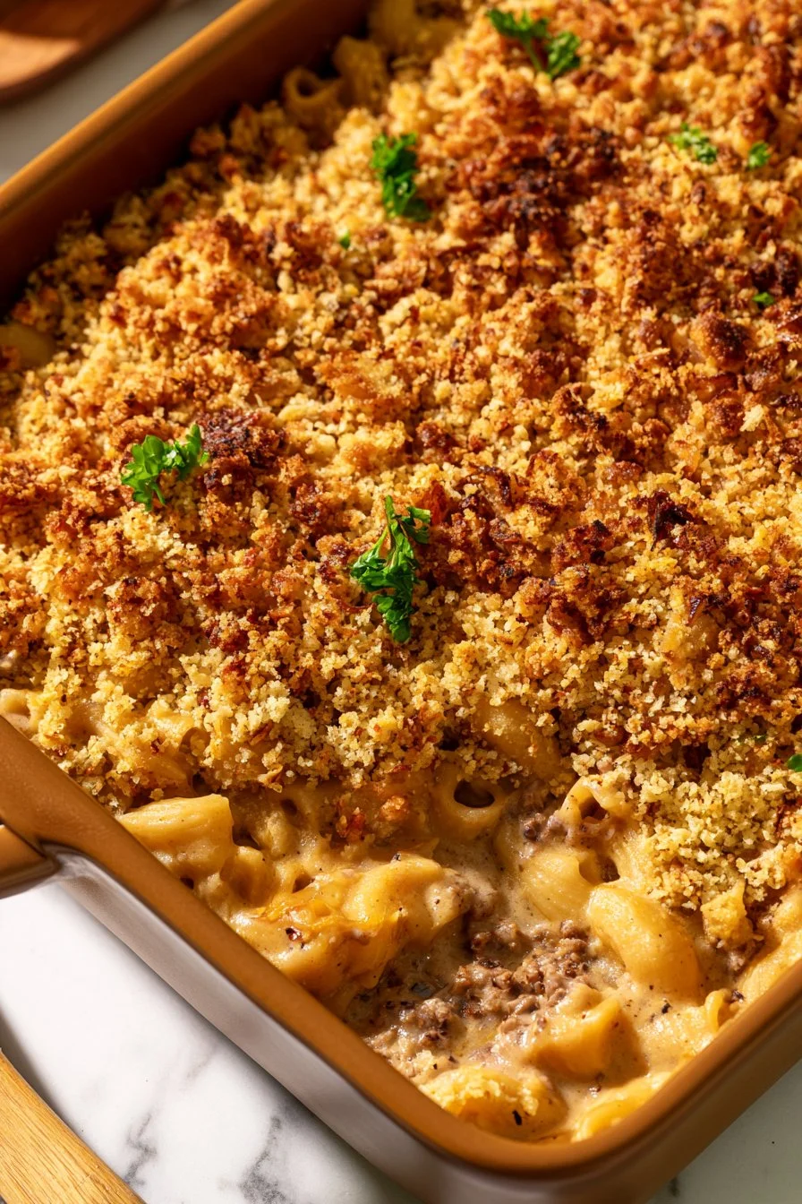Homemade Beef Stroganoff Casserole served in a baking dish