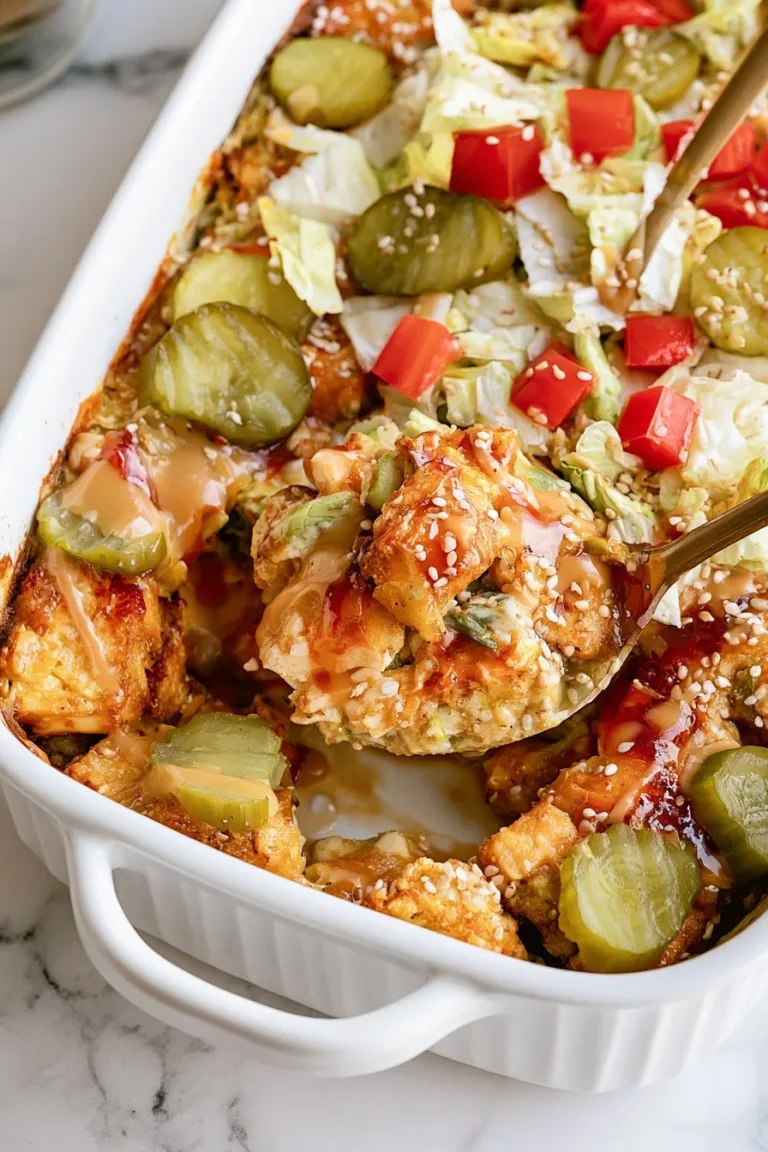 Big Mac Casserole served in a baking dish with toppings