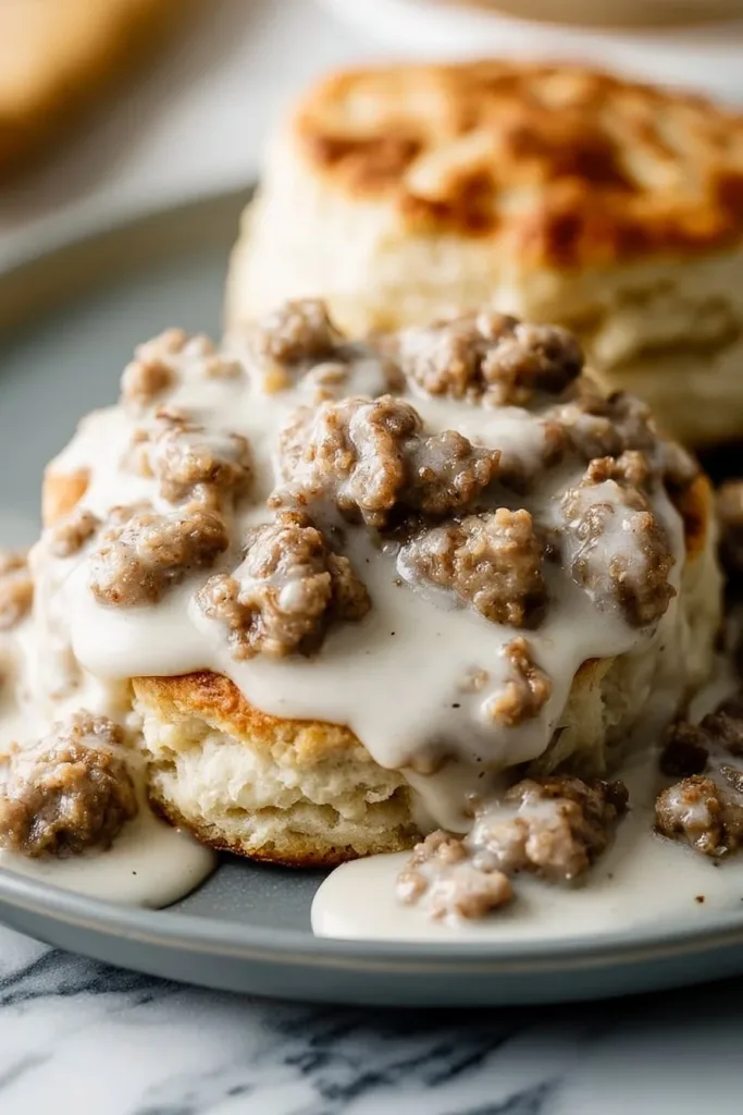 Delicious biscuits and gravy served in a bowl, showcasing a classic breakfast dish.