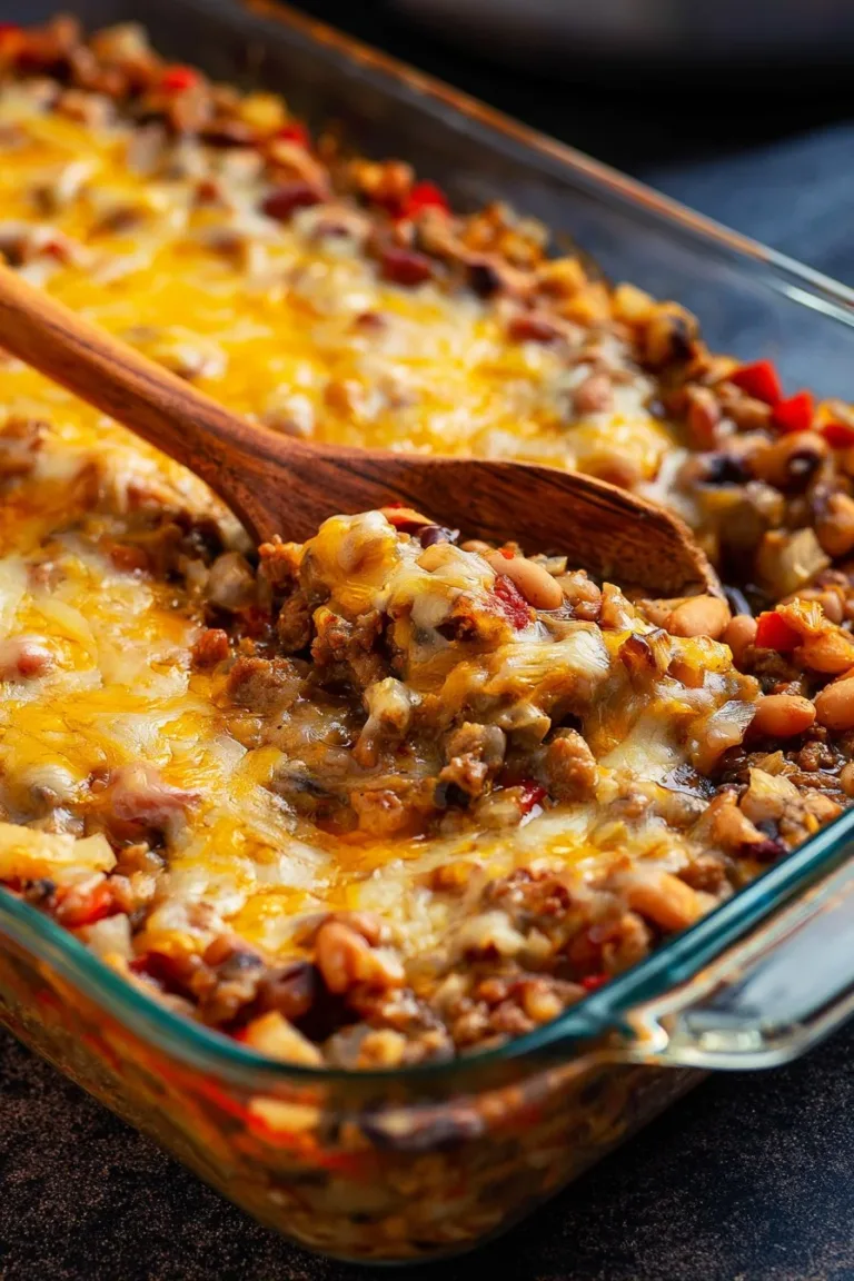 Delicious Black Eyed Pea Casserole in a baking dish, ready to serve.