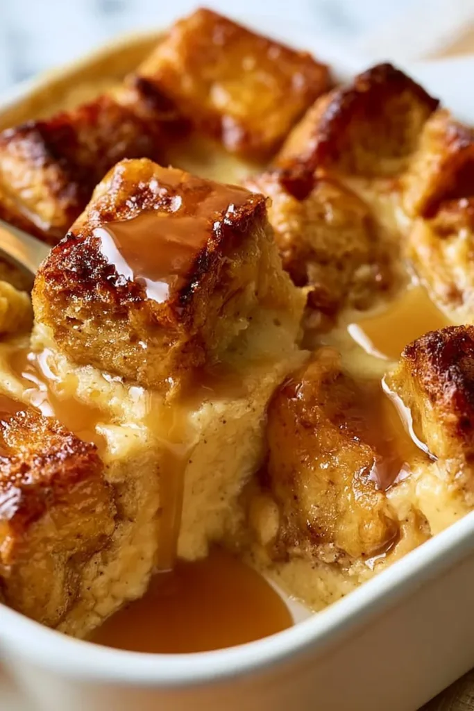 Delicious bread pudding with vanilla caramel sauce drizzled on top