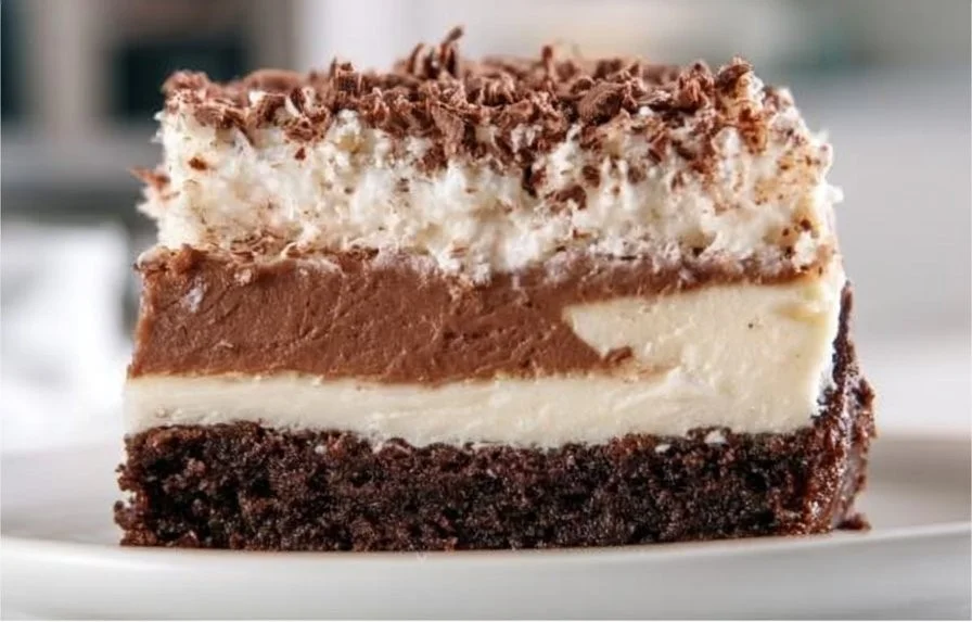 Delicious Brownie Refrigerator Cake topped with chocolate and nuts
