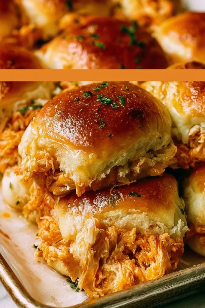 Delicious Buffalo Chicken Sliders served with ranch dressing and garnished with green onions.