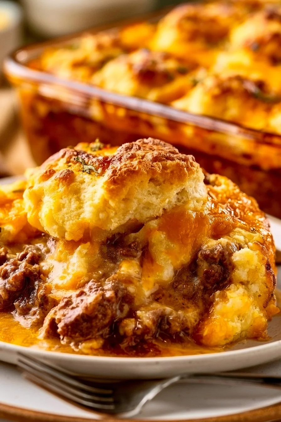 Delicious Cheddar Bay Beef Cobbler with golden biscuit topping