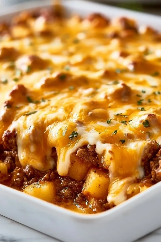 Delicious cheeseburger casserole served in a baking dish