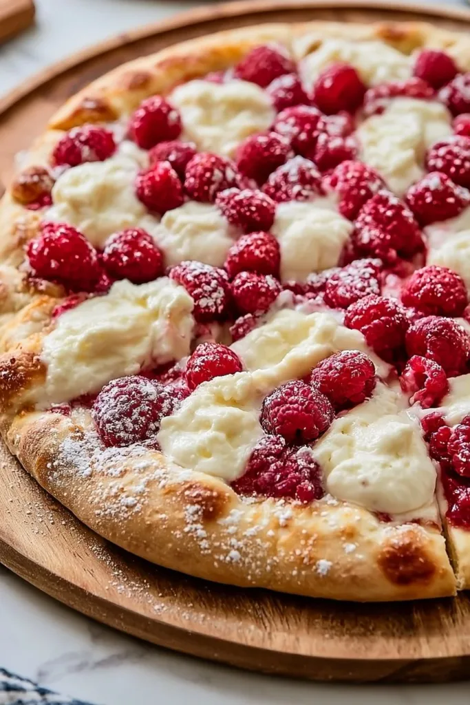 Delicious cheesecake dessert pizza topped with fresh berries and drizzled sauce.