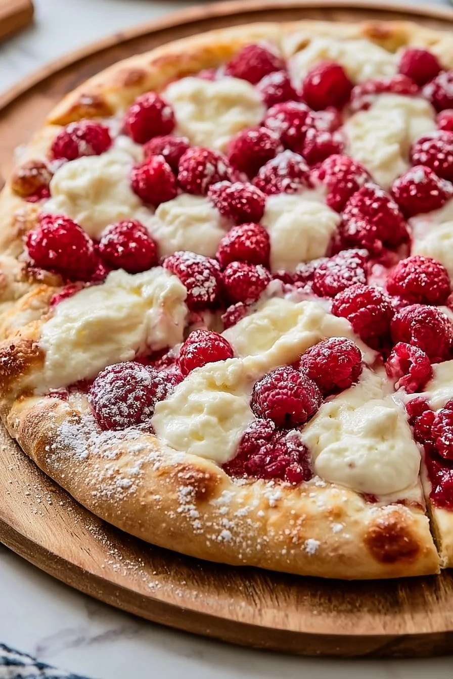 Delicious cheesecake dessert pizza topped with fresh berries and drizzled sauce.